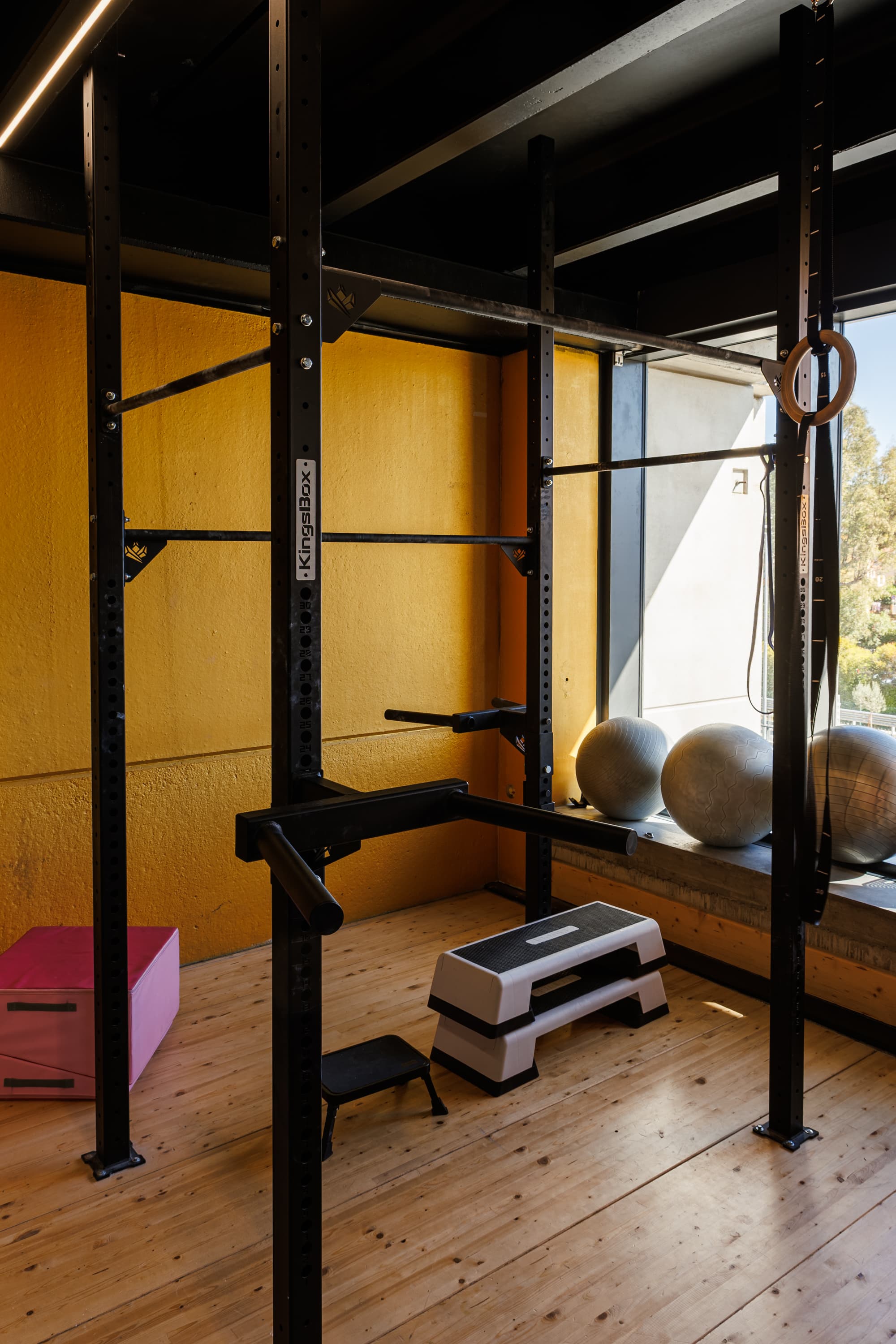 Un'area con pavimento in legno, rack neri, anelli, palle mediche e piattaforme per step.